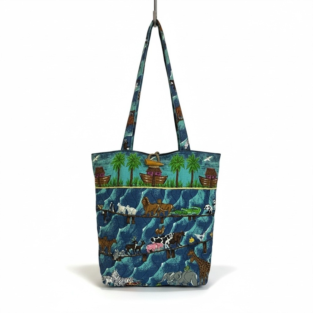 Vintage Quilted Tote Bag Noah's Ark Animal Print Blue 100% Cotton Novelty